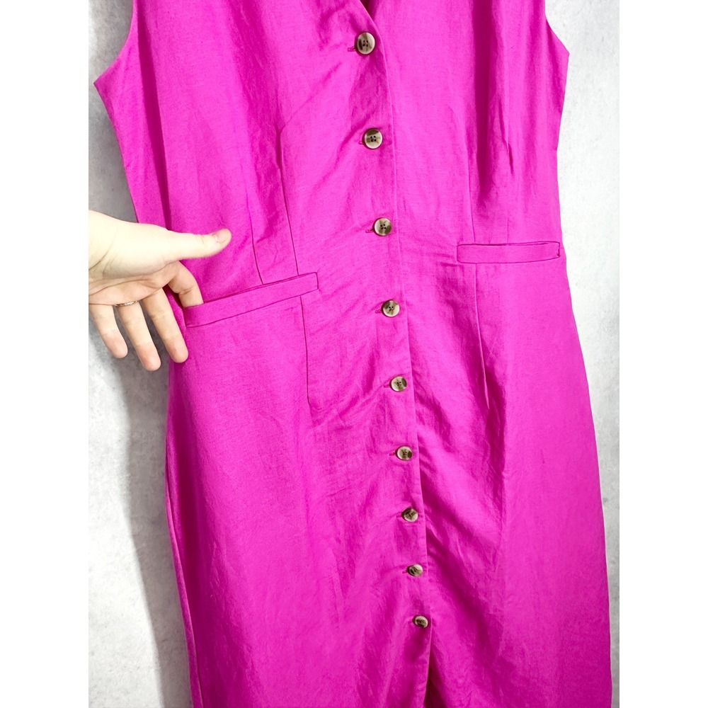 Ann Taylor Fuchsia Pink Linen Blend Button Front Sleeveless Midi Dress Size 14 - Picture 7 of 13
